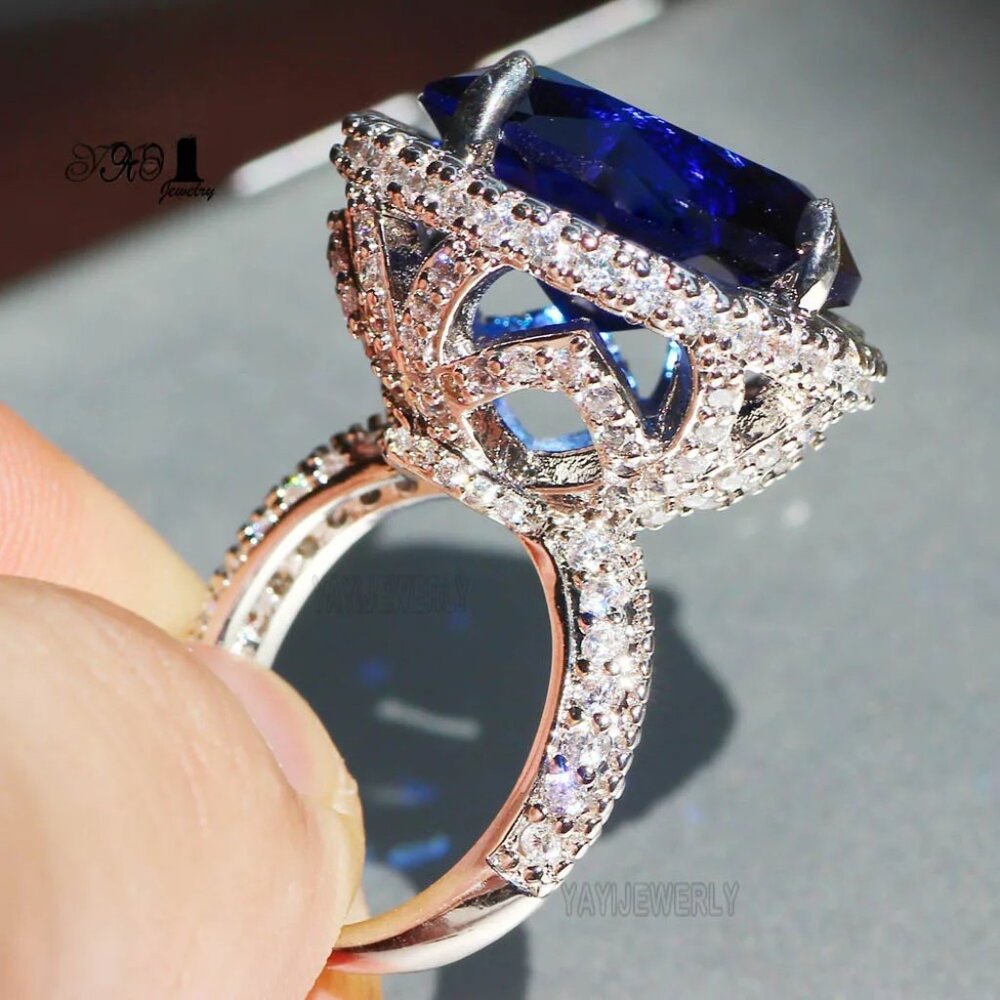 Princess Cut 15*15mm Huge Blue Sapphire Zircon Silver Color Engagement Wedding